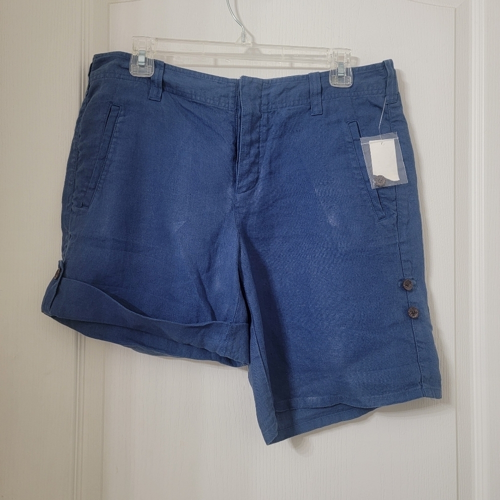 GAP Size 10 Blue 100% Linen Roll Tab Cuff Shorts, Button Fly, NEW with Tag
